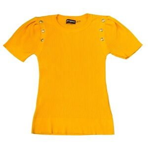 Karl Lagerfeld Paris Ribbed Knit Button Short Sleeve Top - Mustard